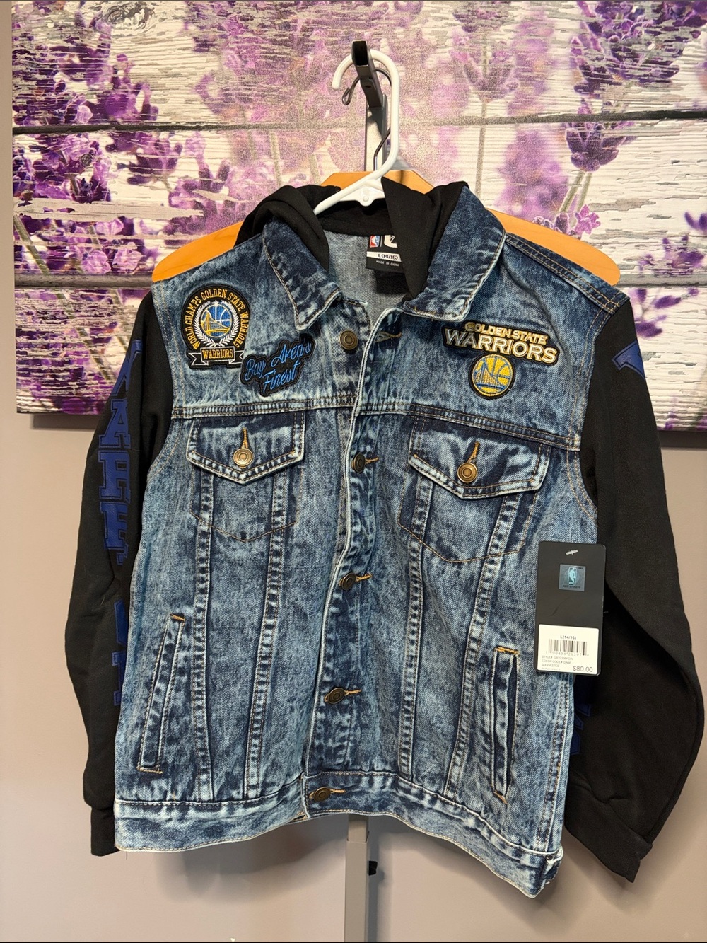 Boys NBA Golden State Warriors Blue Denim Hooded Jacket with Black Sleeves NWT